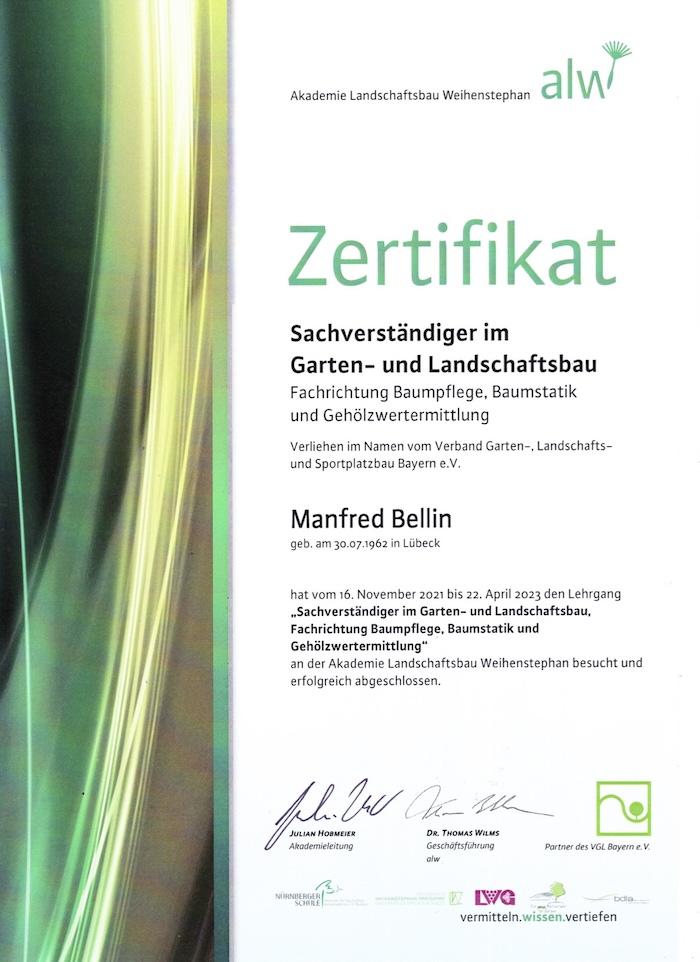 Zertifikat Personenzertifizierter Baum-Sachverständiger